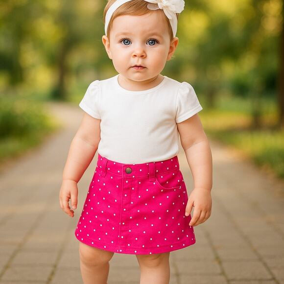 5/$35  Old Navy Girls Skirt Sz 12-18 Months Pink White Polka Dots Jean Style NEW - Picture 3 of 8